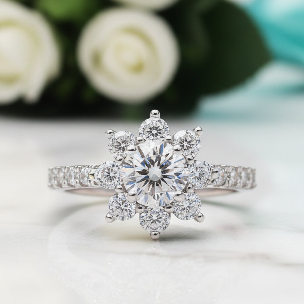 Round Cut Diamond Sunflower Engagement Ring-Evani Jewelry