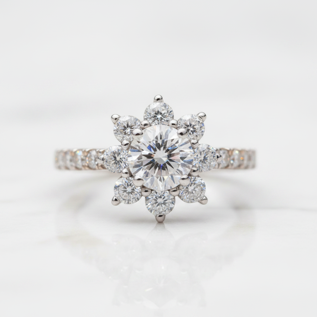 Round Cut Diamond Option Sunflower Engagement Ring