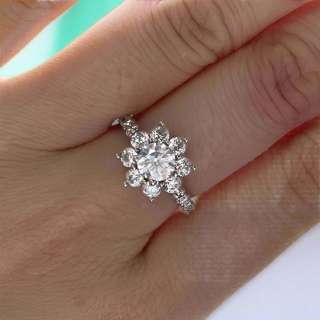 Round Cut Diamond Sunflower Engagement Ring-Evani Naomi Jewelry