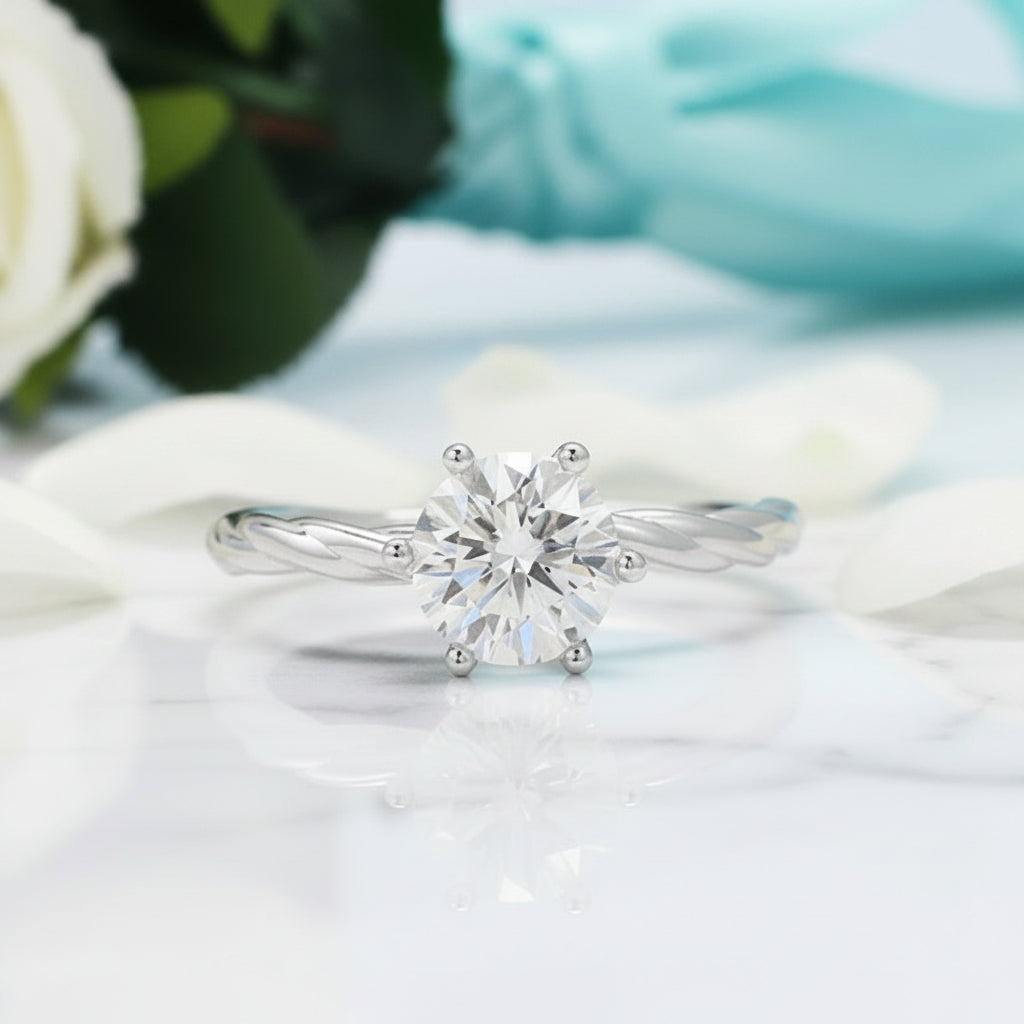 Round Cut Diamond Twist Band Solitaire Engagement Ring-Evani Jewelry