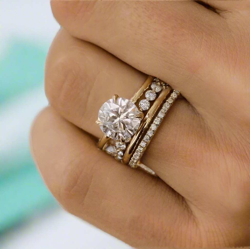 Round Cut Diamonds Yellow Gold Bridal Ring Set-Evani Naomi Jewelry