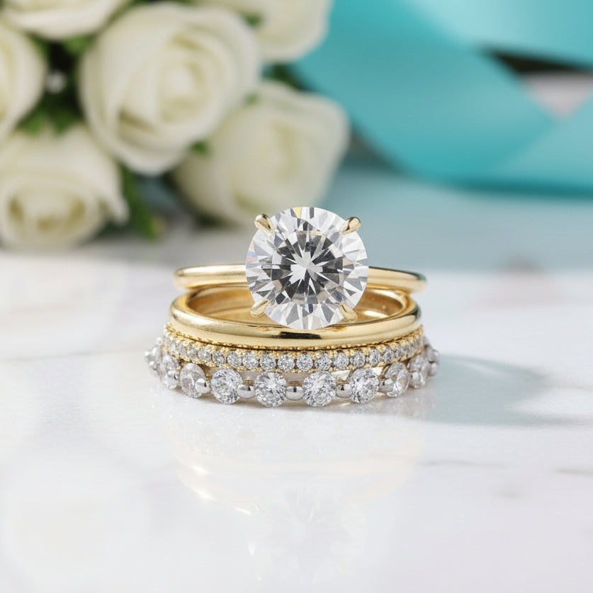 Round Cut Diamonds Yellow Gold Bridal Ring Set-Evani Jewelry