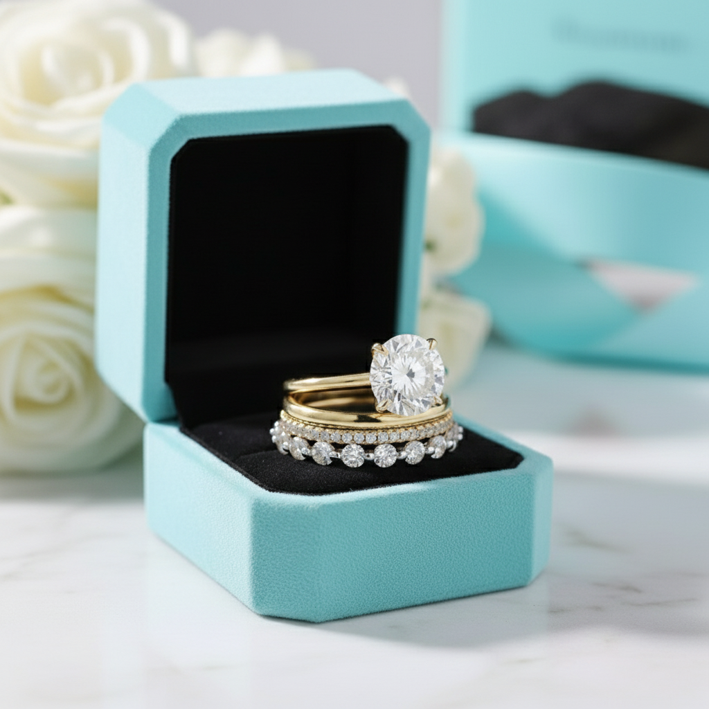 Round Cut Diamonds Yellow Gold Bridal Ring Set-Evani Jewelry