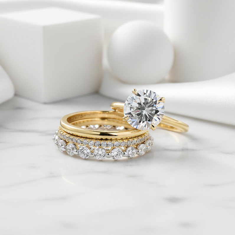 Round Cut Diamonds Yellow Gold Bridal Ring Set-Evani Jewelry
