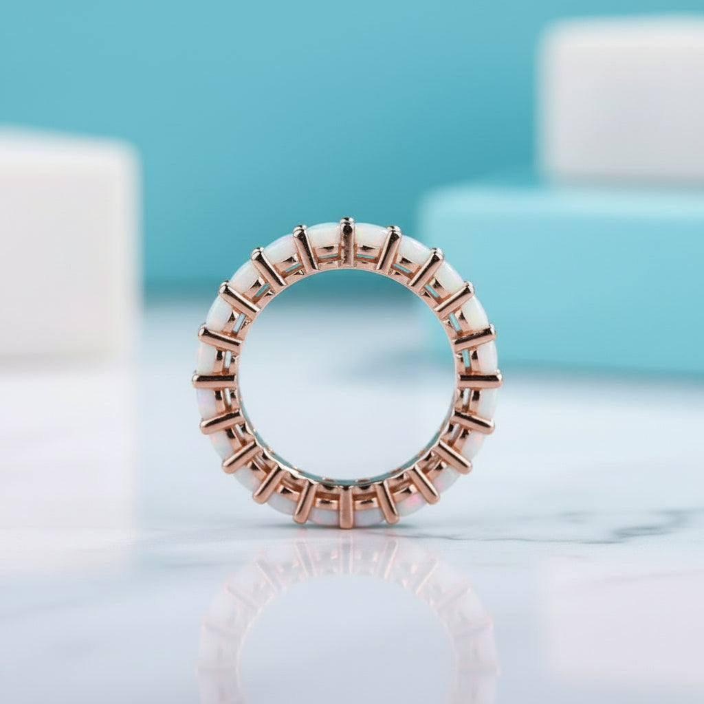 Round Cut Moonstone Full Eternity Rose Gold Stackable Wedding Band-Evani Jewelry