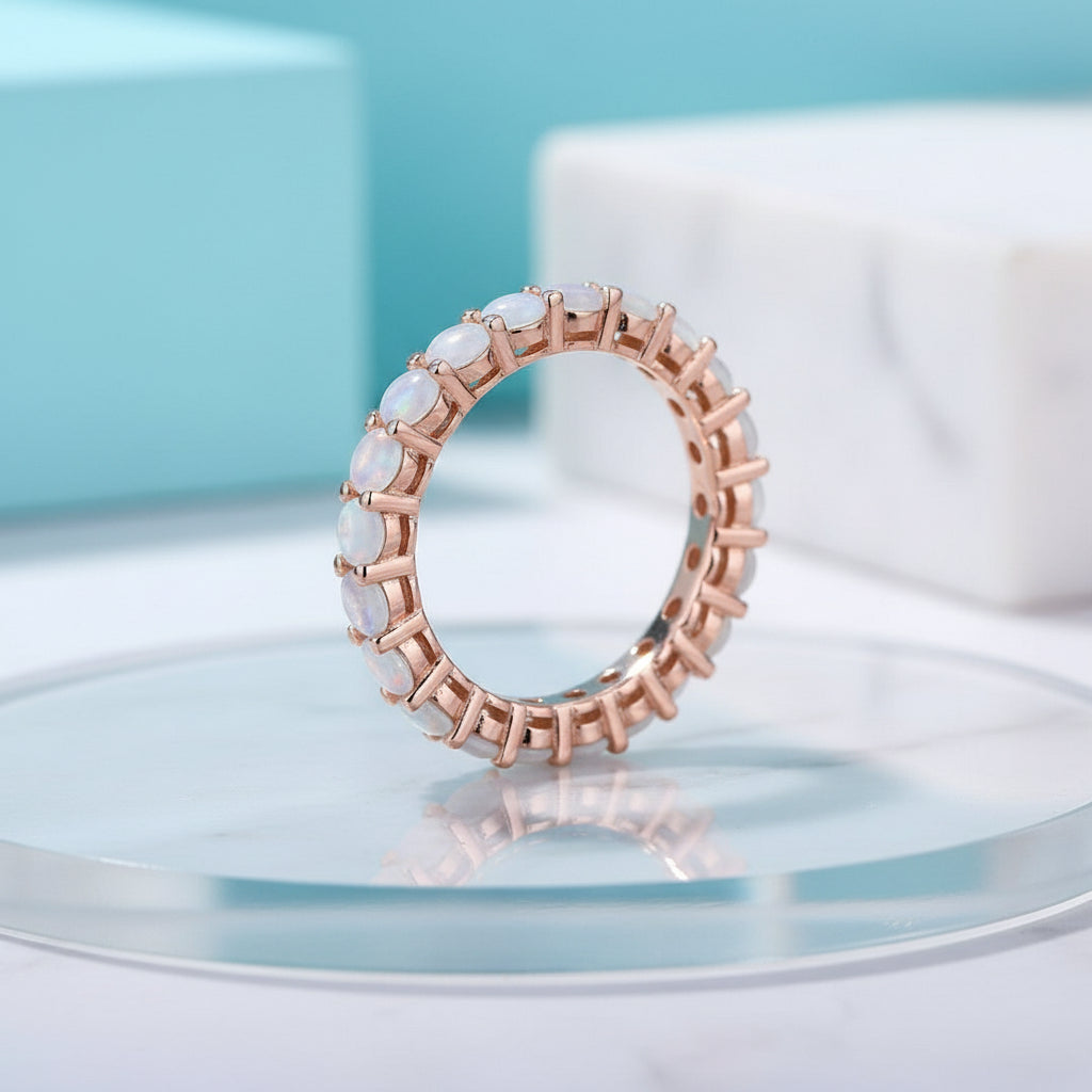 Round Cut Moonstone Full Eternity Rose Gold Stackable Wedding Band-Evani Jewelry