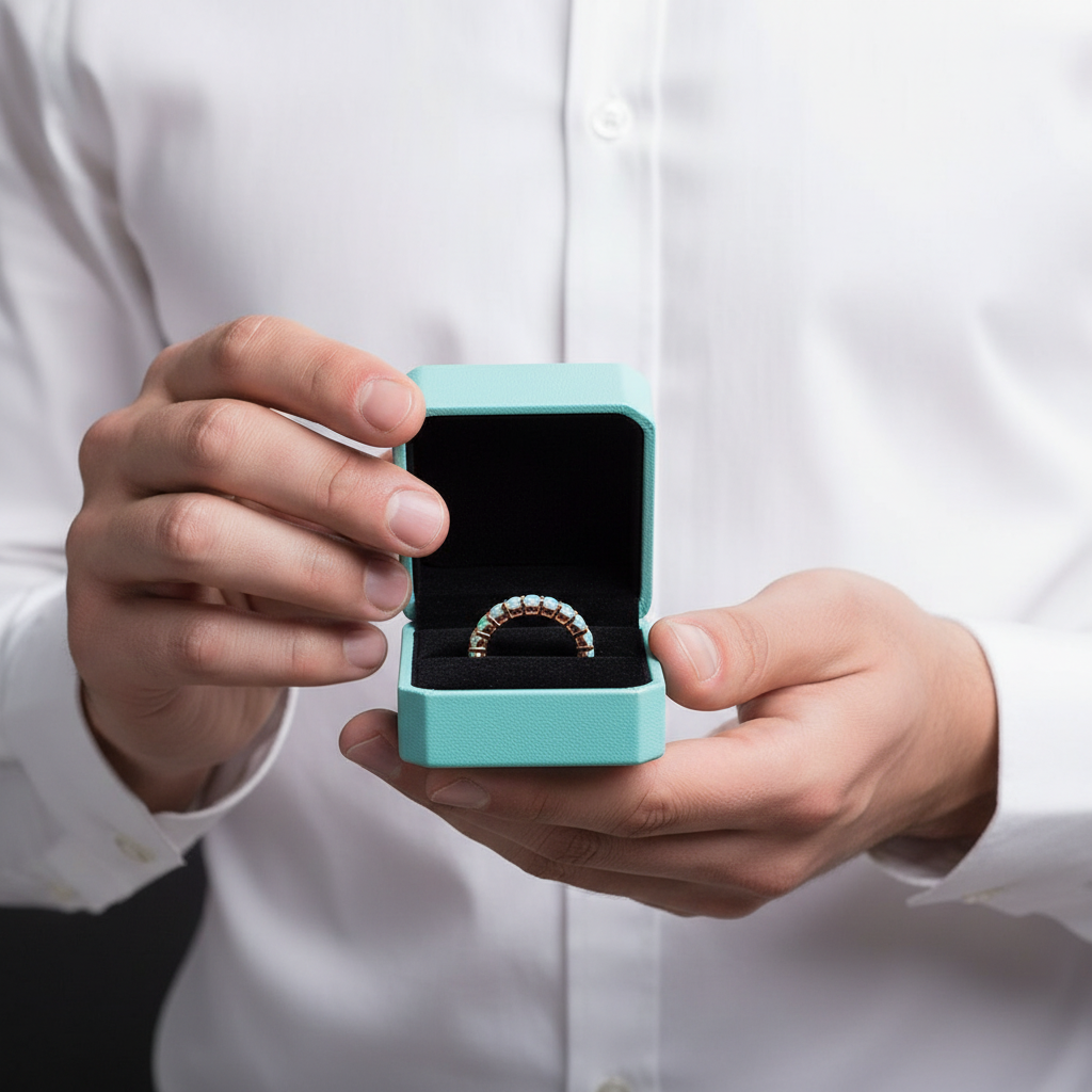 Round Cut Moonstone Full Eternity Rose Gold Stackable Wedding Band-Evani Jewelry