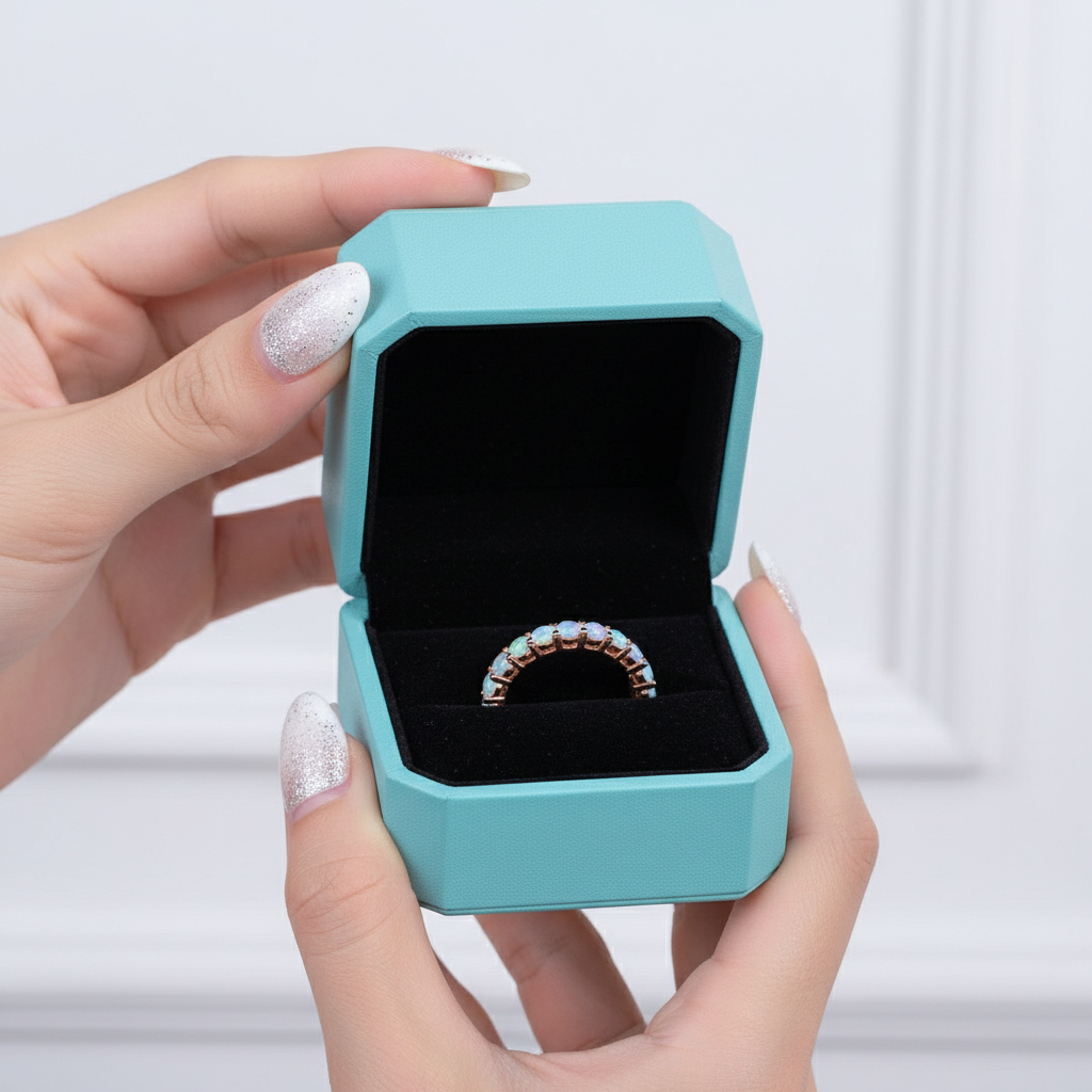 Round Cut Moonstone Full Eternity Rose Gold Stackable Wedding Band-Evani Jewelry