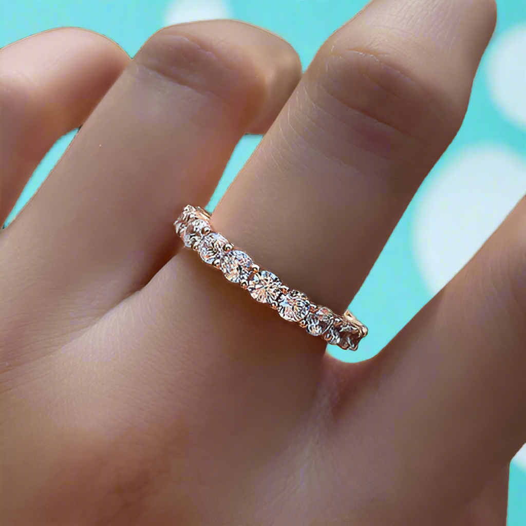 Round Cut Full Eternity Rose Gold Stackable Wedding Band-Evani Naomi Jewelry