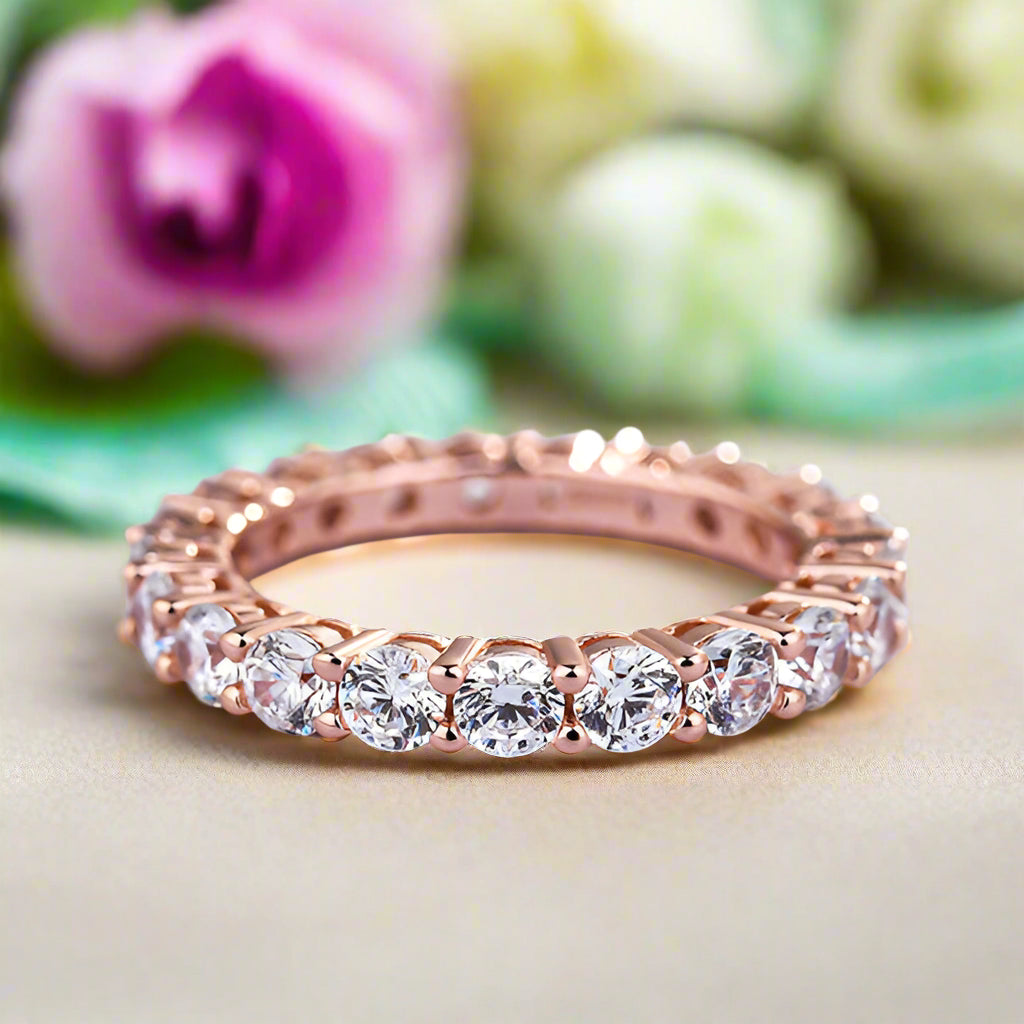Round Cut Full Eternity Rose Gold Stackable Wedding Band-Evani Naomi Jewelry
