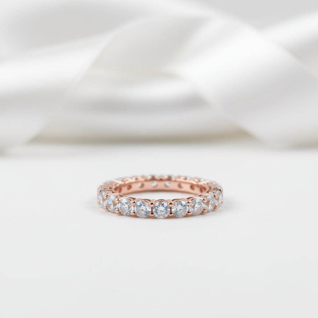 Round Cut Moonstone Full Eternity Rose Gold Stackable Wedding Band-Evani Jewelry