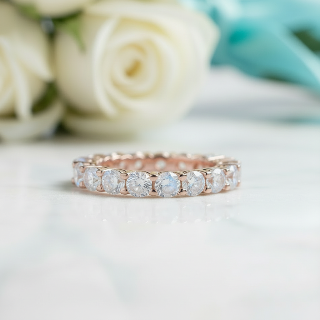 Round Cut Moonstone Full Eternity Rose Gold Stackable Wedding Band-Evani Jewelry