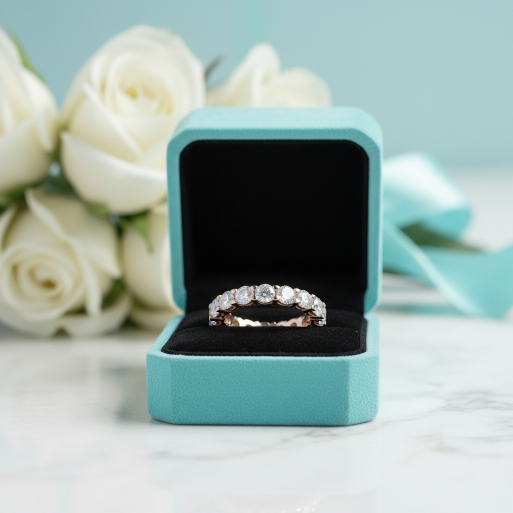 Round Cut Moonstone Full Eternity Rose Gold Stackable Wedding Band-Evani Jewelry