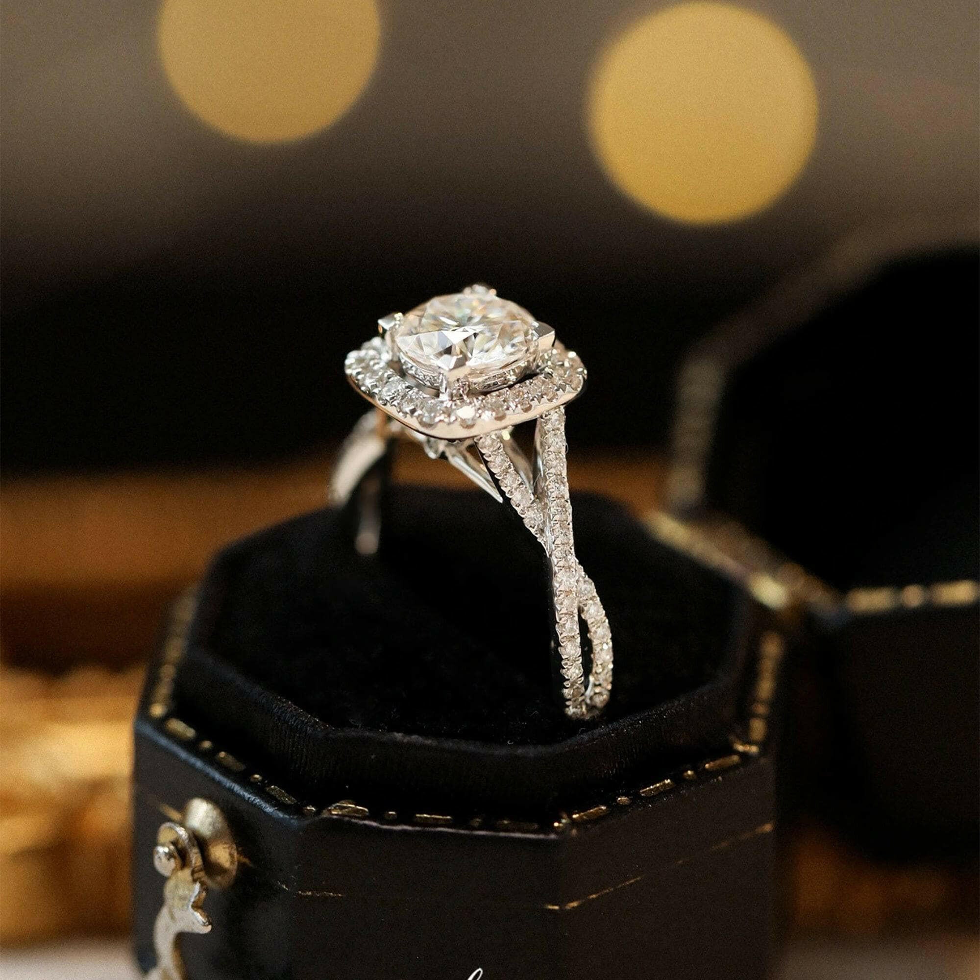 Round Cut Halo Diamond Twist Engagement Ring-Evani Naomi Jewelry
