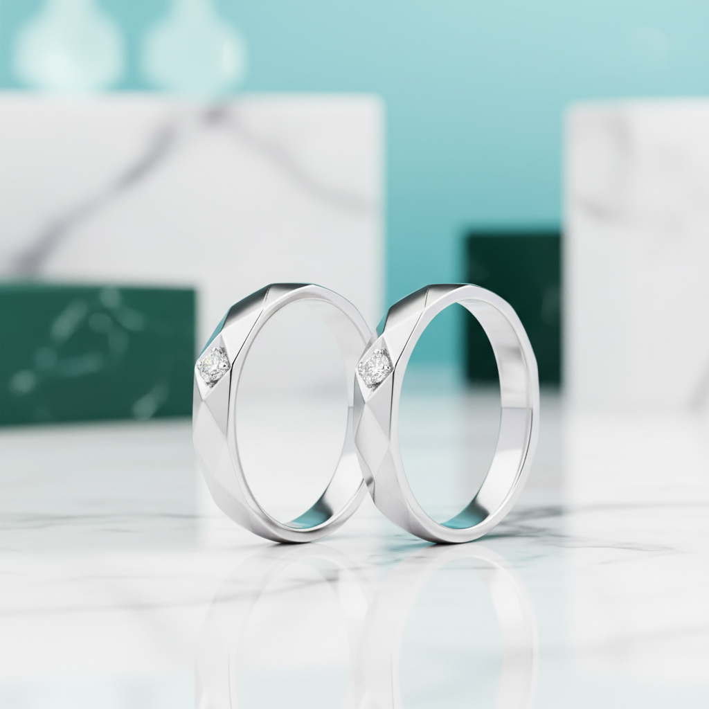 Round Cut Diamond 14k White Gold Rhombus Wedding Band-Evani Jewelry