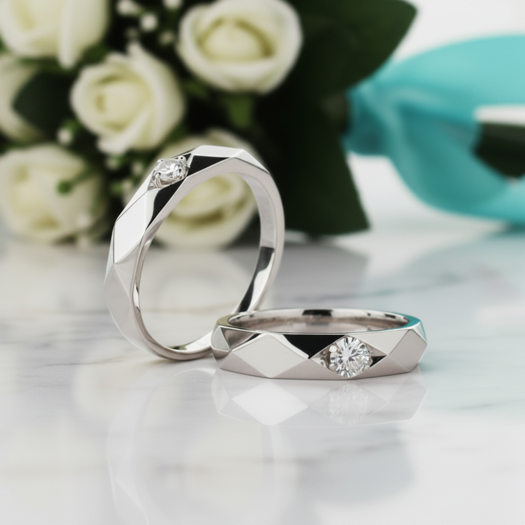 Round Cut Diamond 14k White Gold Rhombus Wedding Band-Evani Jewelry