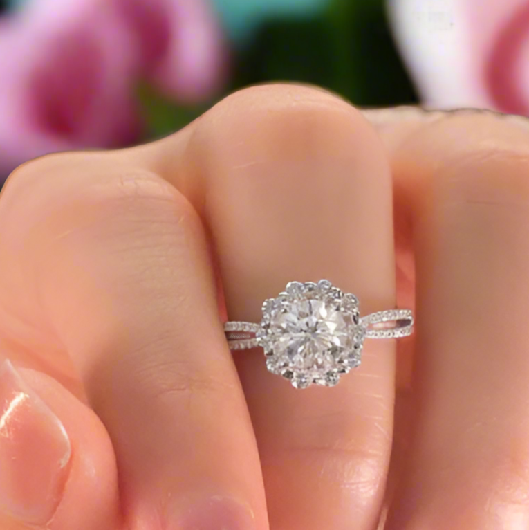 Round Diamond Halo Flower Art Deco Engagement Ring-Evani Jewelry