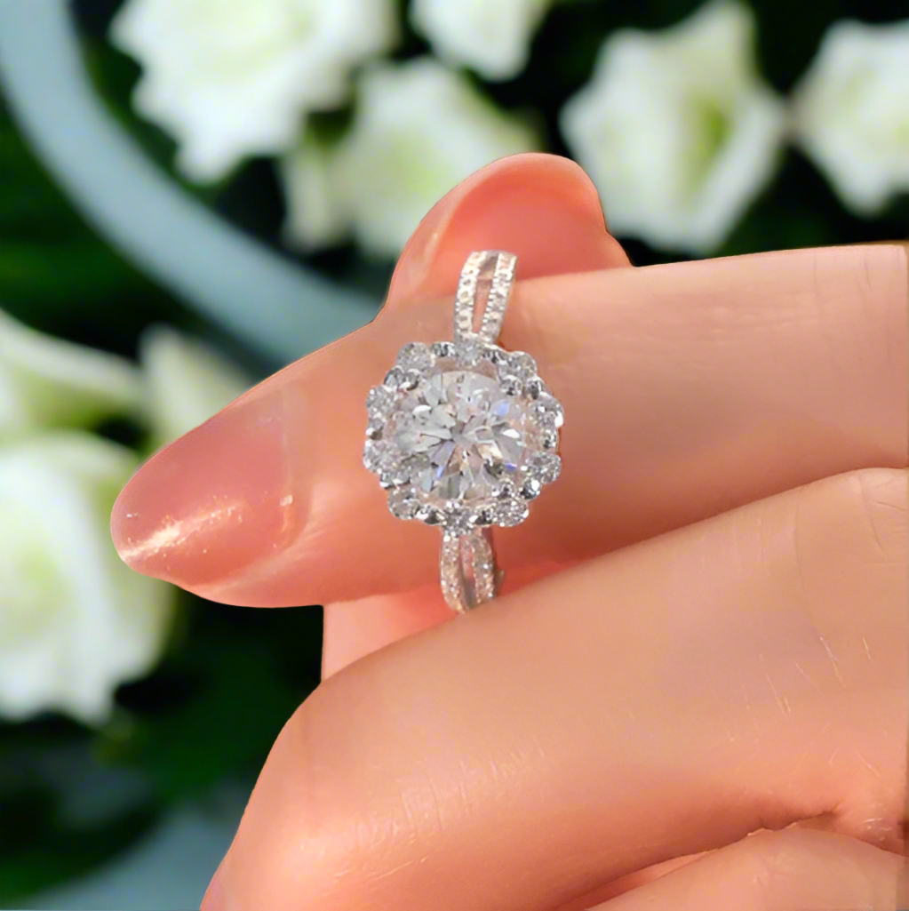 Round Diamond Halo Flower Art Deco Engagement Ring-Evani Jewelry