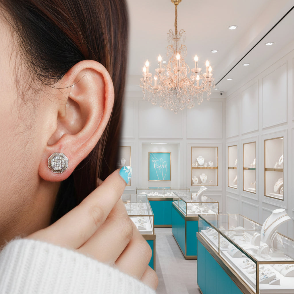 Round Diamond Octagon Shaped Stud Earrings-Evani Jewelry