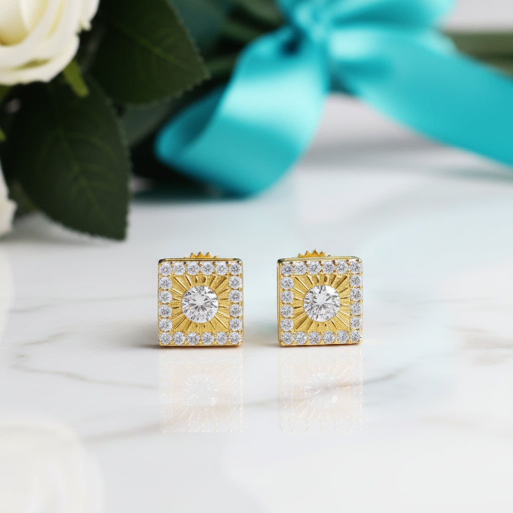 Round Diamond Square Shaped Stud Earrings-Evani Jewelry