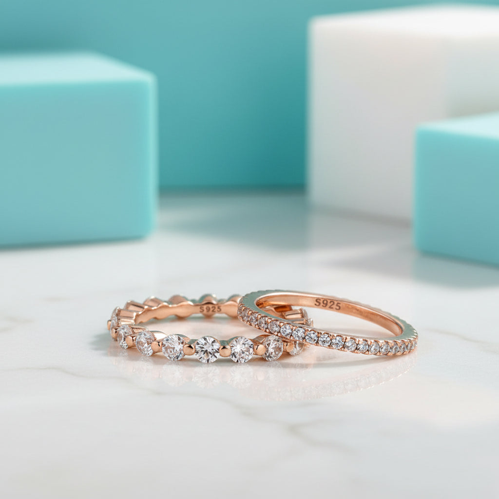 Round Diamonds Stackable Rose Gold Wedding Band Set-Evani Jewelry