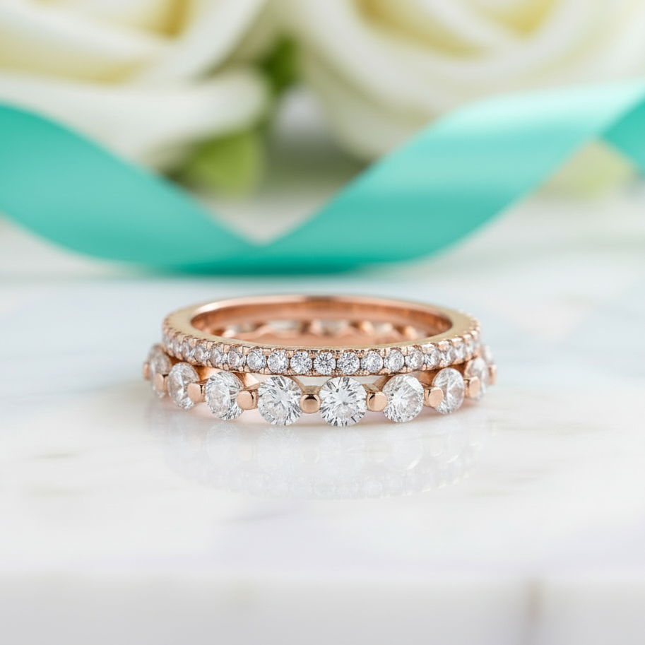 Round Diamonds Stackable Rose Gold Wedding Band Set-Evani Jewelry