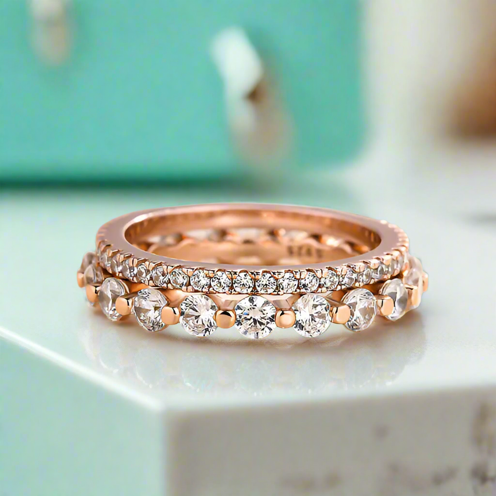 Round Diamonds Stackable Rose Gold Wedding Band Set-Evani Naomi Jewelry