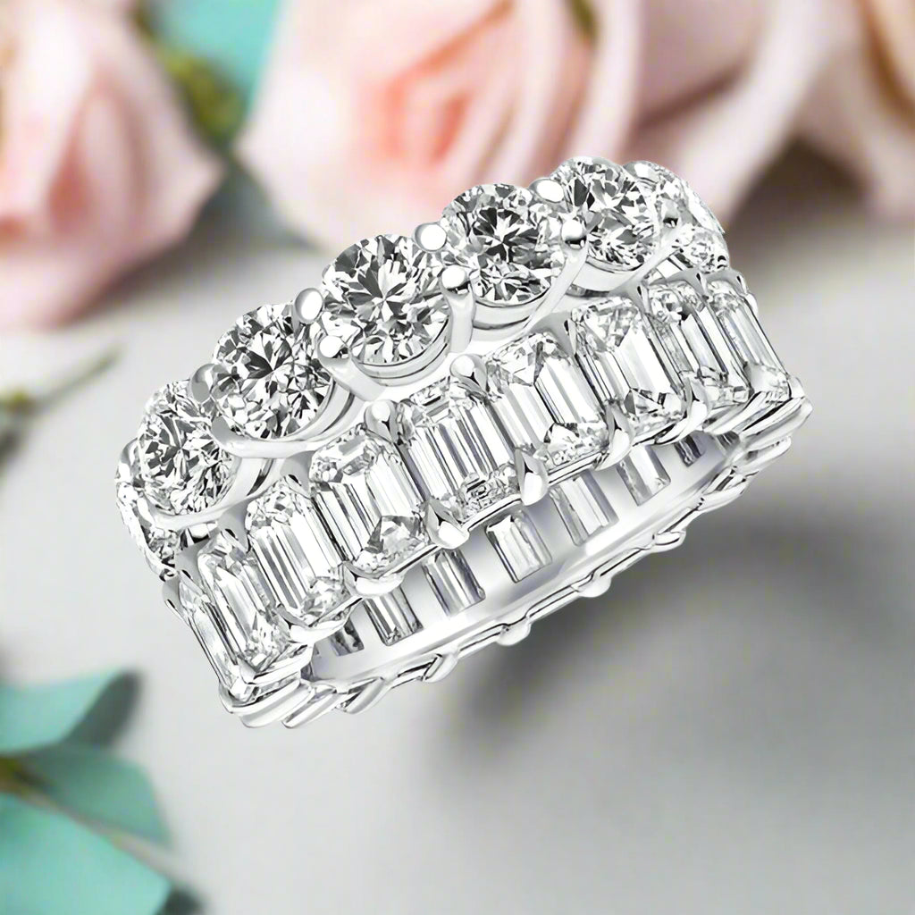 Round & Emerald Cut Diamond Wedding Band Set-Evani Naomi Jewelry