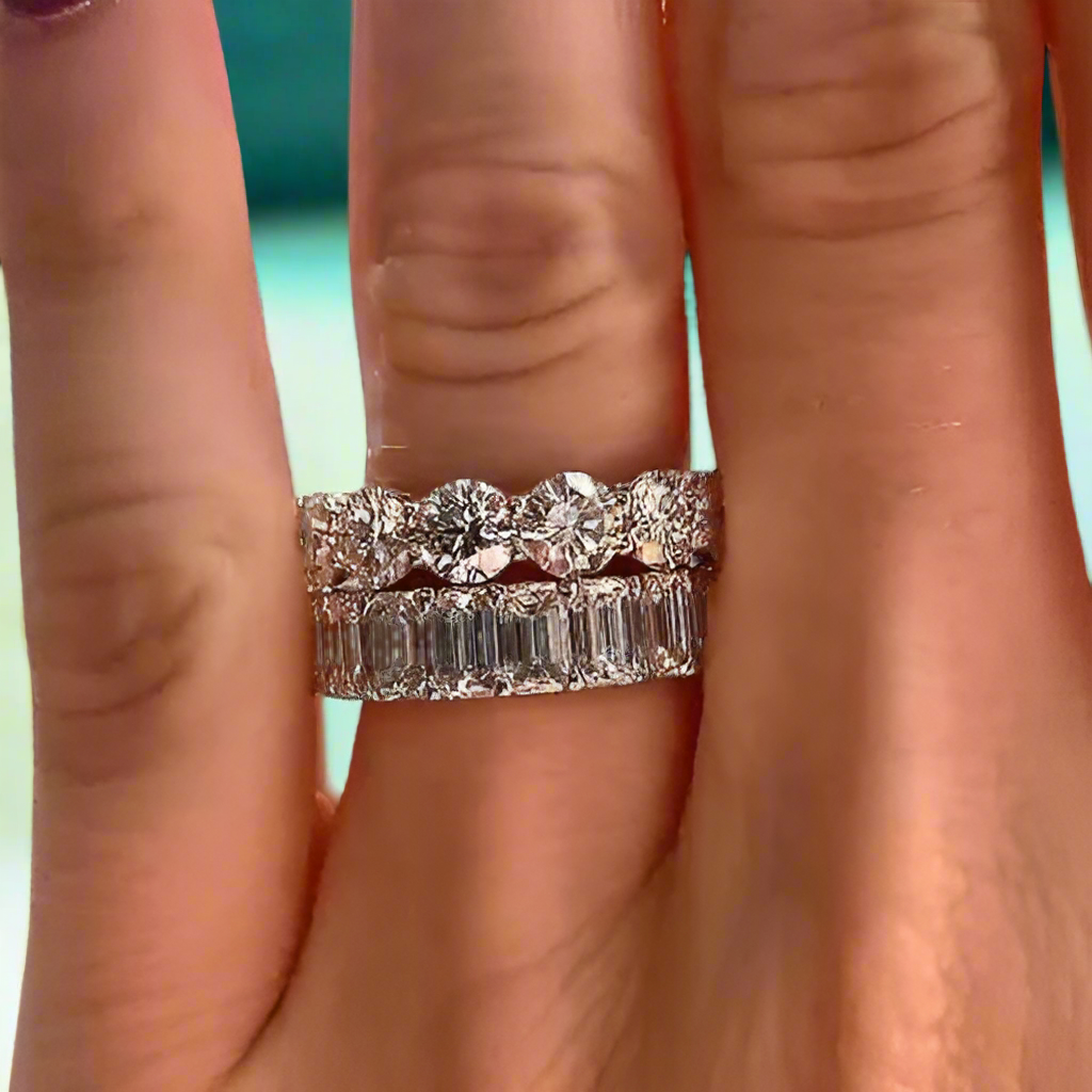 Round & Emerald Cut Diamond Wedding Band Set-Evani Naomi Jewelry
