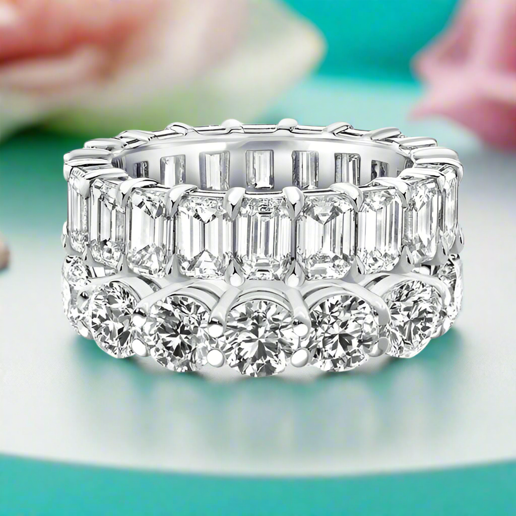 Round & Emerald Cut Diamond Wedding Band Set-Evani Naomi Jewelry