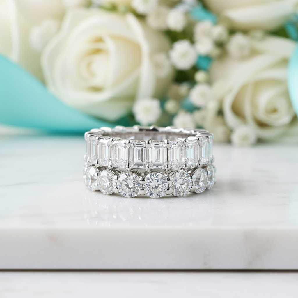 Round & Emerald Cut Diamond Wedding Band Set-Evani Jewelry