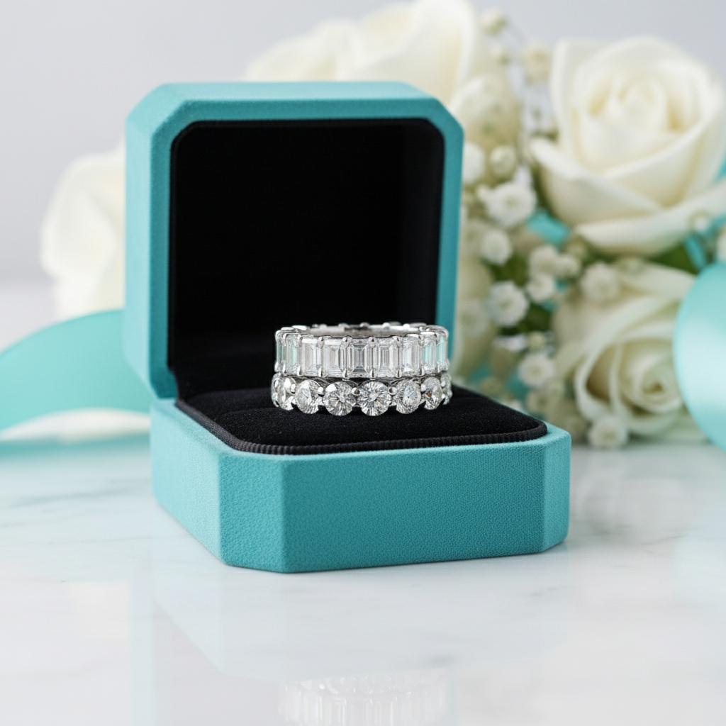 Round & Emerald Cut Diamond Wedding Band Set-Evani Jewelry