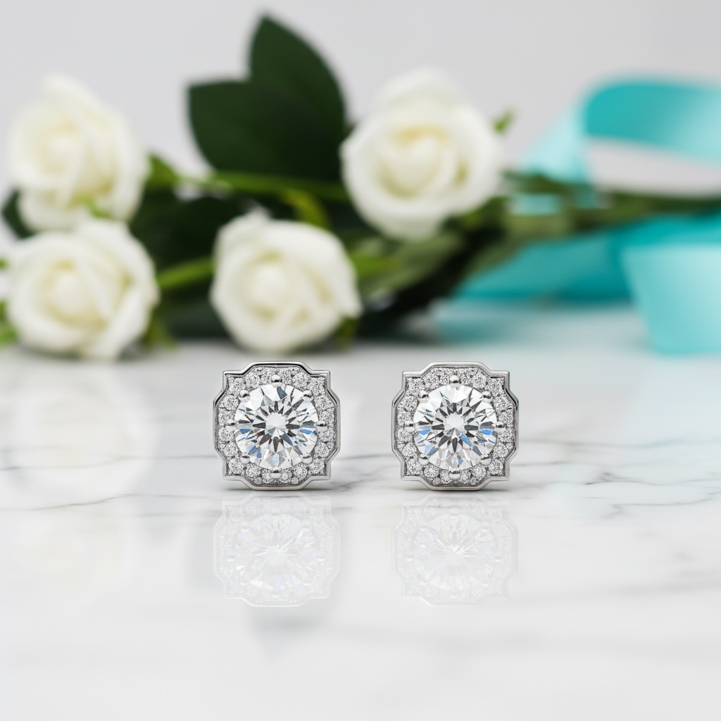 Round-cut 1.0 ct Diamond Halo Earrings-Evani Jewelry