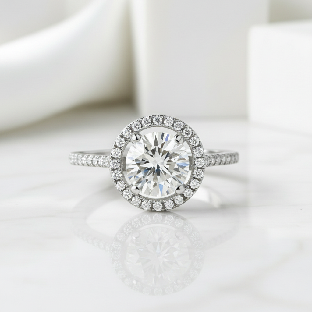 Round-cut 1.25 ct Diamond Halo Engagement Ring-Evani Jewelry