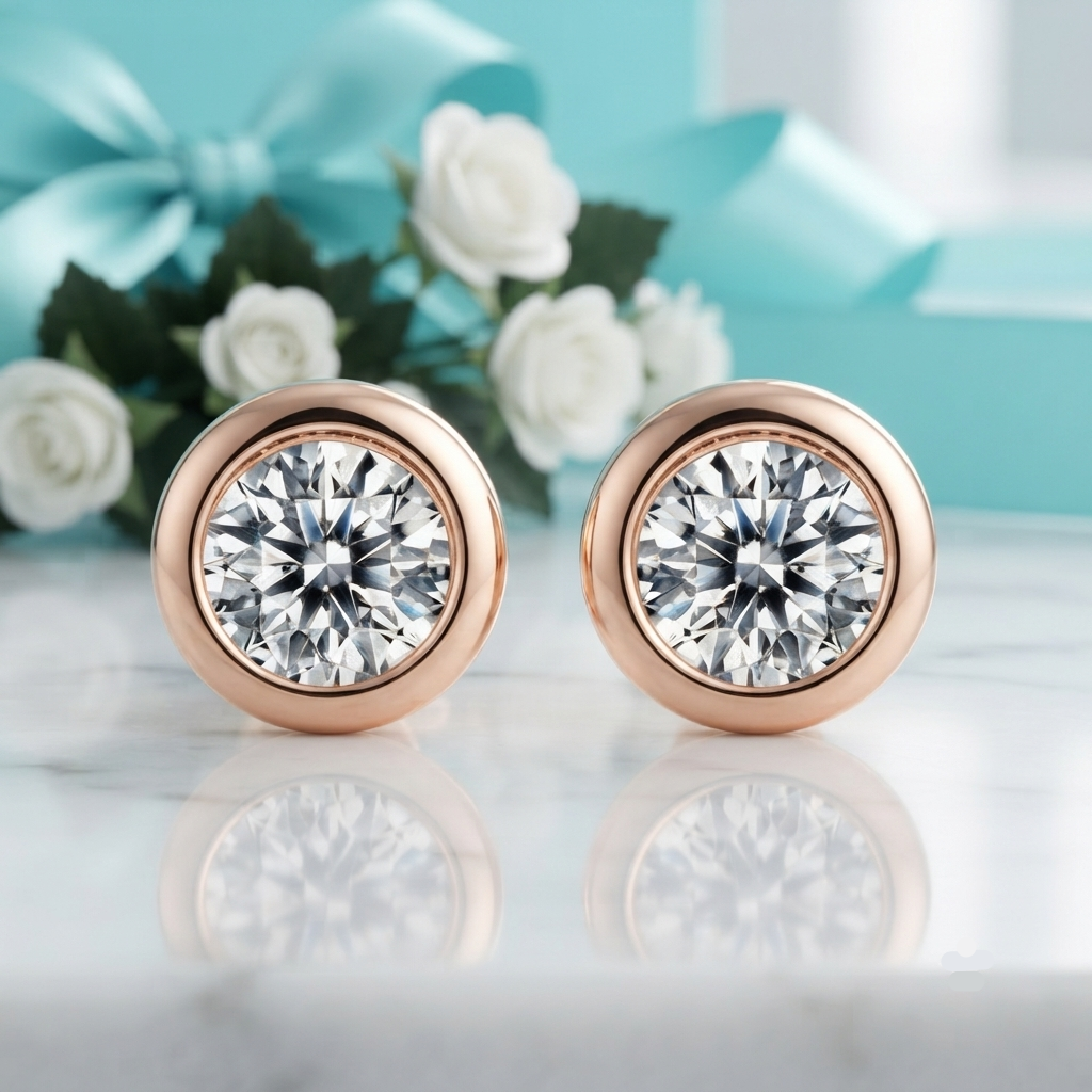 A pair of round rose gold stud earrings with large clear gemstones, displayed on a white marble surface with a reflection. In the background, there are white roses, a turquoise ribbon, and a turquoise gift box.