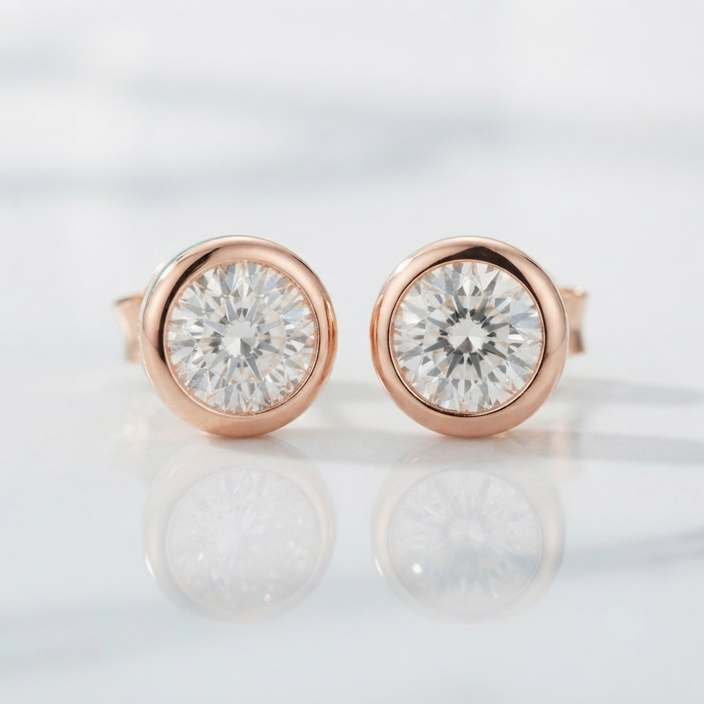 A pair of round stud earrings with brilliant-cut clear gemstones in rose gold bezel settings, displayed on a reflective white marble surface.