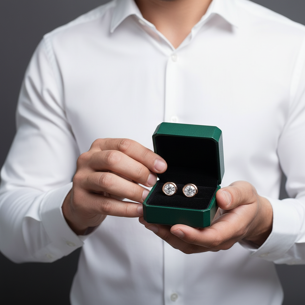 A person in a white dress shirt holds an open dark green jewelry box displaying a pair of silver-toned stud earrings with clear stones against a dark gray background.