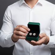 A person in a white dress shirt holds an open dark green jewelry box displaying a pair of silver-toned stud earrings with clear stones against a dark gray background.