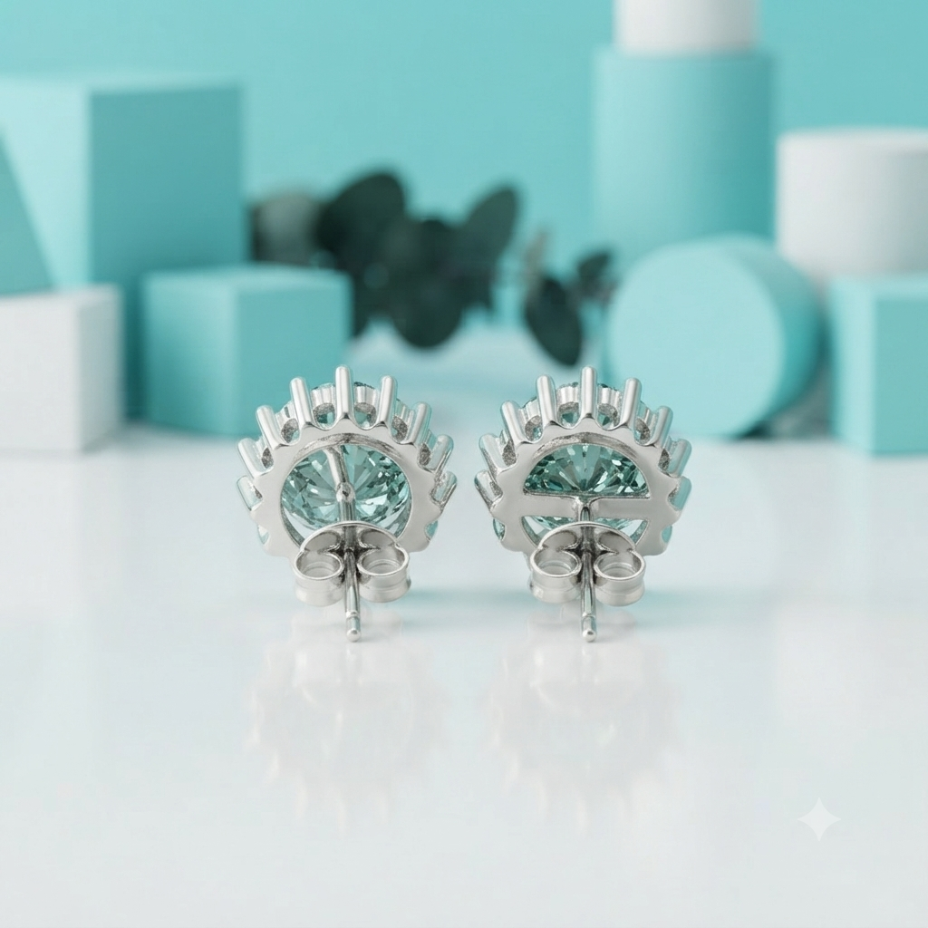 A pair of silver-toned earrings with large round light blue gemstones, displayed on a reflective white surface with a soft-focus turquoise and white geometric background.