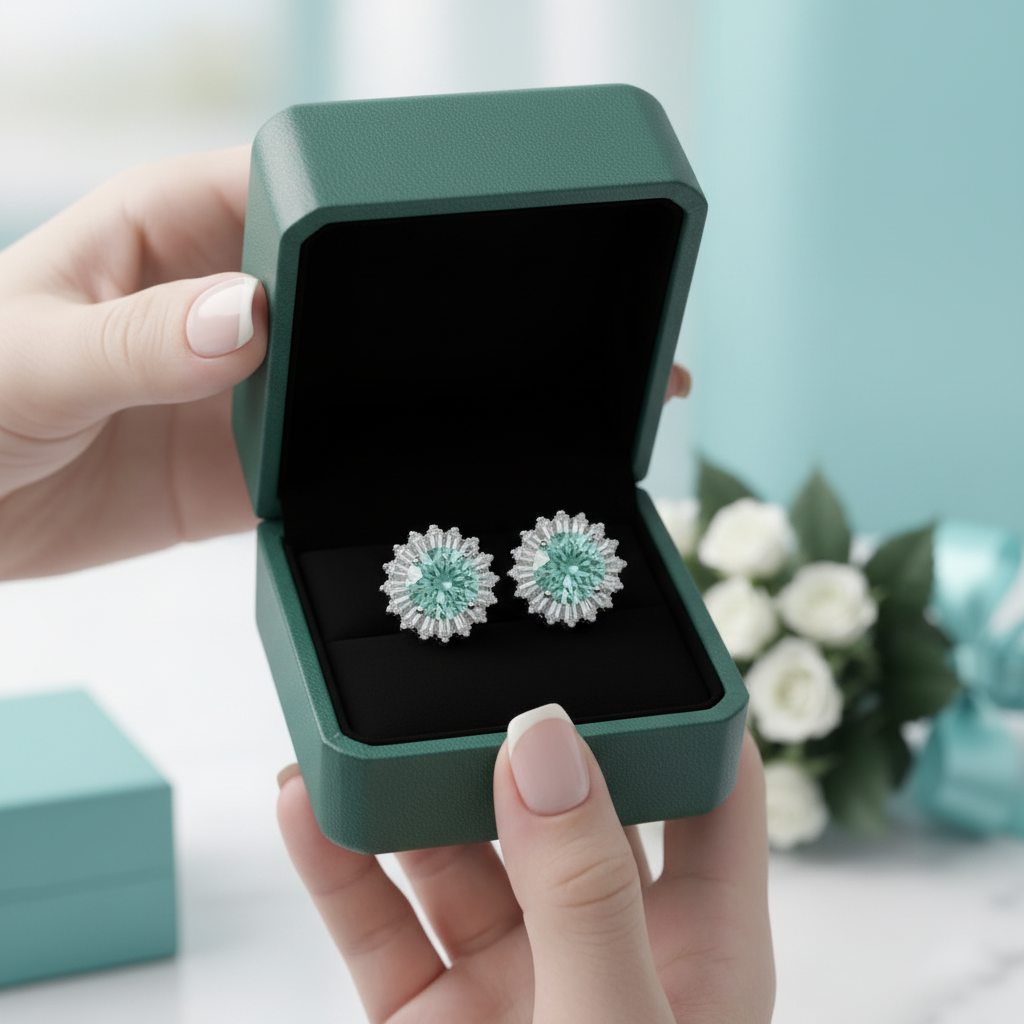 A pair of round stud earrings with a light blue-green center and silver-toned floral halo settings, displayed inside an open dark green jewelry box held by hands.