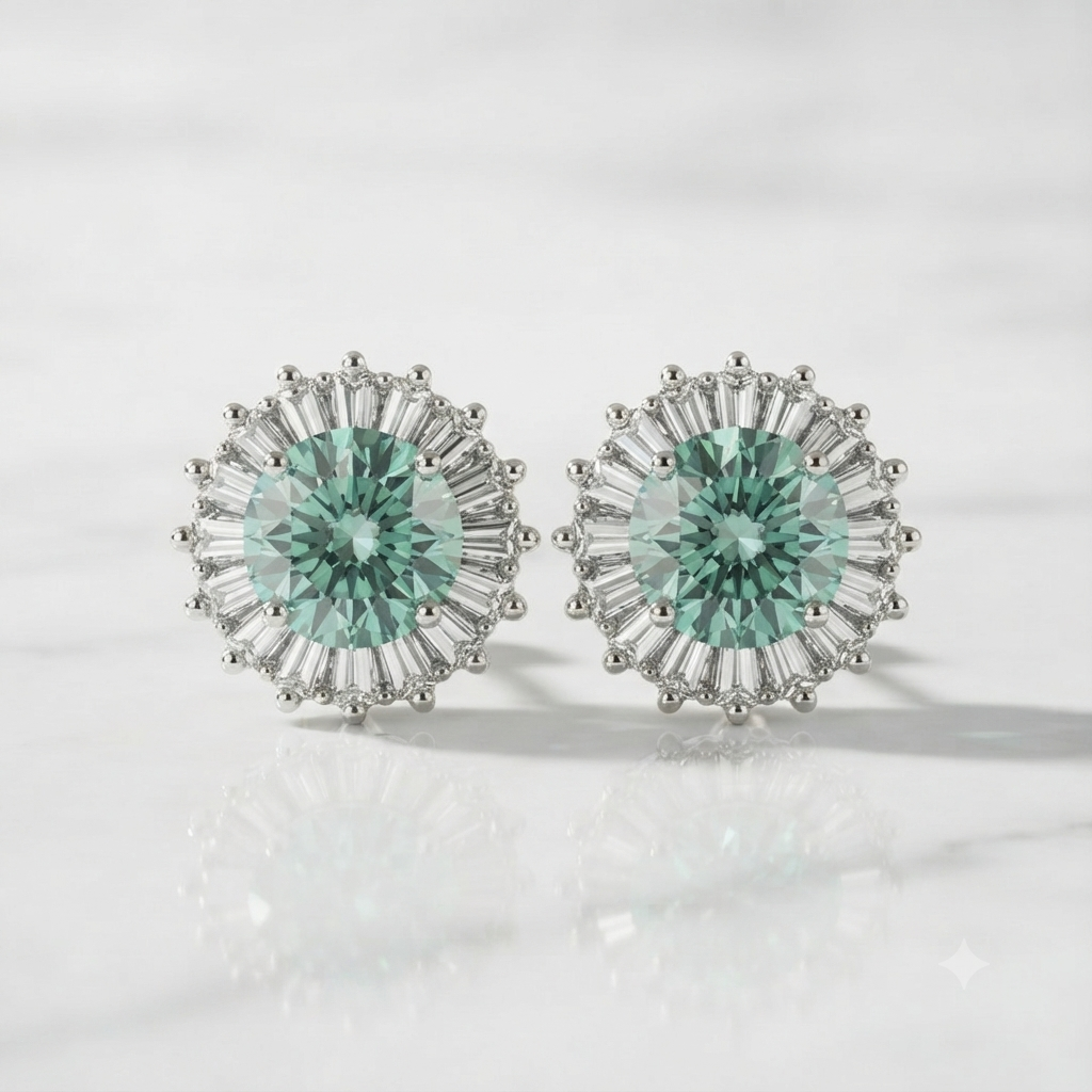 A pair of silver-toned stud earrings featuring round mint green center stones surrounded by baguette and round clear accent stones, displayed on a light marble surface.