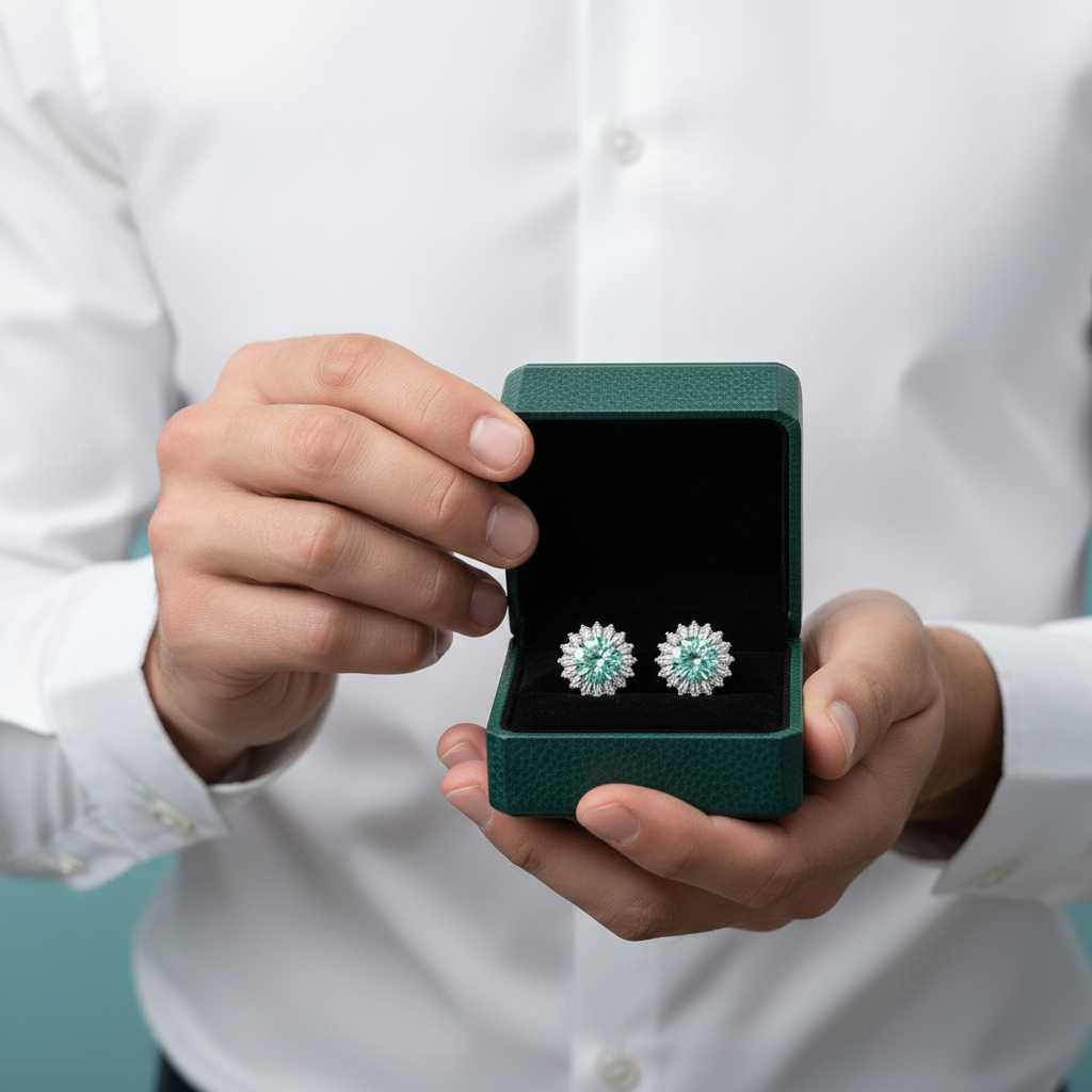 A person in a white dress shirt holds an open dark green jewelry box displaying a pair of round stud earrings with light blue and white floral-like stones.