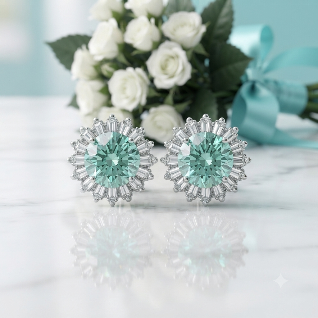 A pair of silver-toned stud earrings with large round mint green center stones and surrounding baguette and round clear stones, displayed on a white marble surface with white roses and a light blue ribbon in the background.