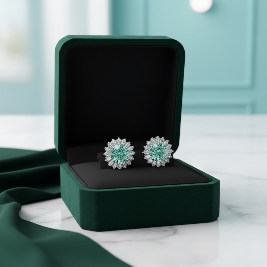A pair of round stud earrings with light blue and white floral designs, displayed inside an open dark green jewelry box on a white marble surface.