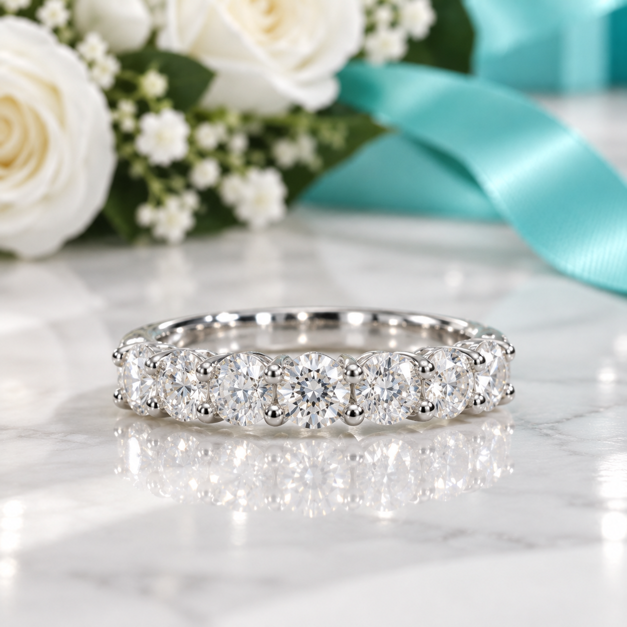 A silver diamond eternity ring with round-cut diamonds set in a polished silver band, resting on a white marble surface with white roses, baby's breath, and a turquoise ribbon in the background.