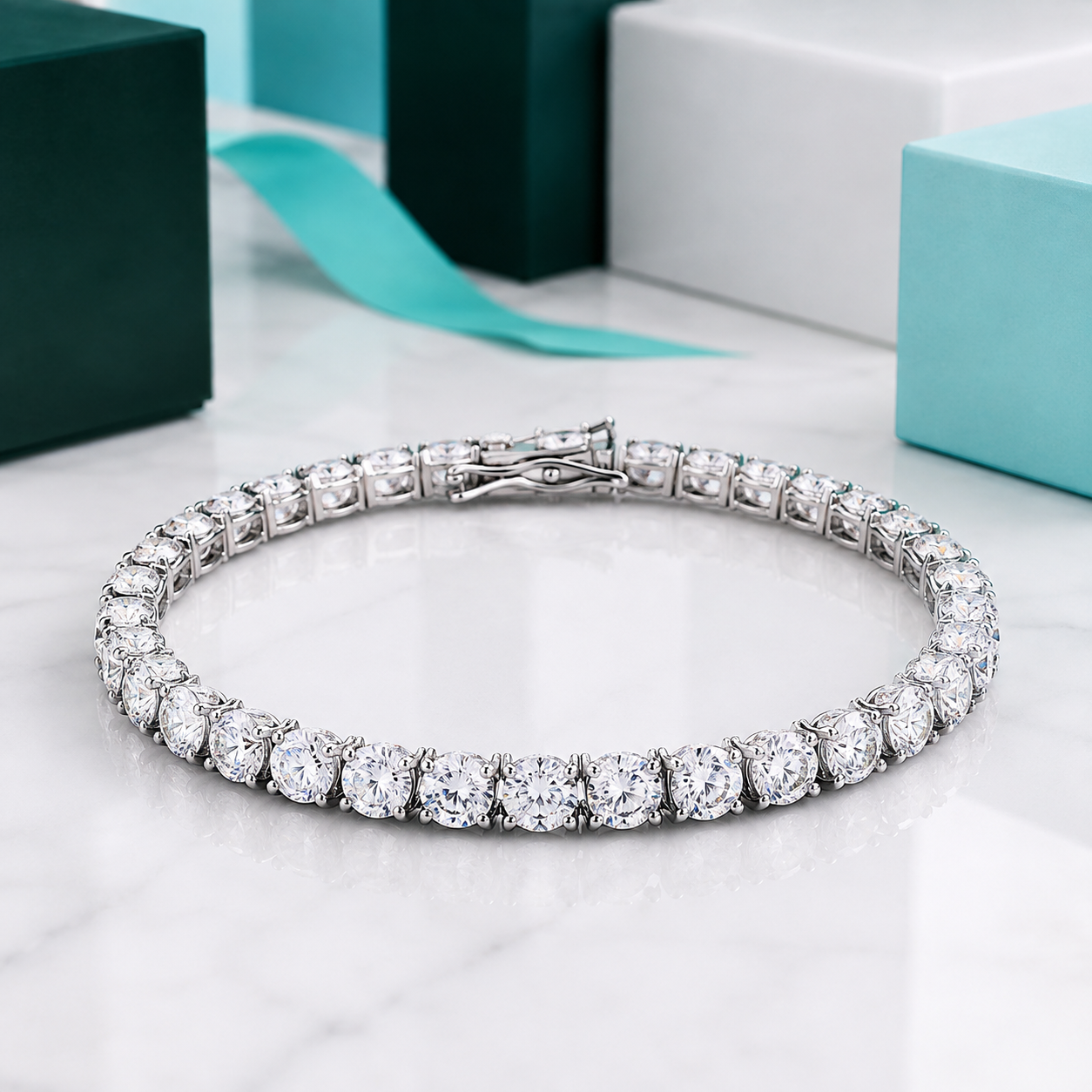 A silver tennis bracelet set with round-cut clear gemstones, displayed on a white marble surface with blurred jewelry boxes in the background.