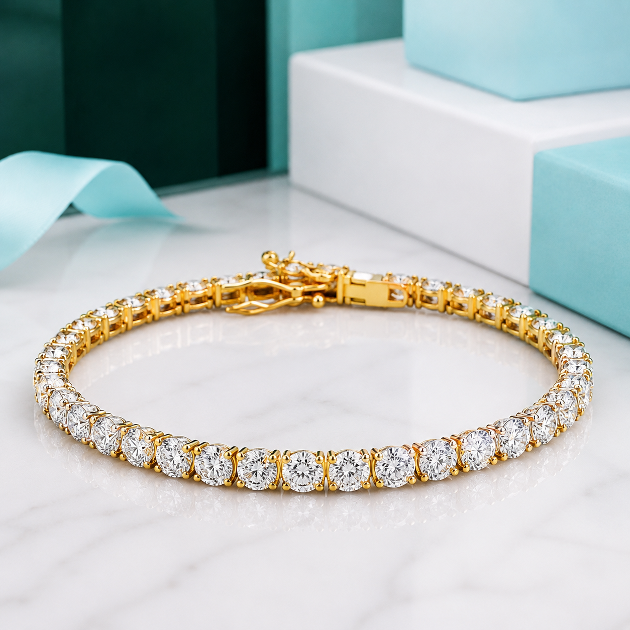 A gold tennis bracelet set with round-cut clear stones, displayed on a white marble surface with light blue gift boxes in the background.