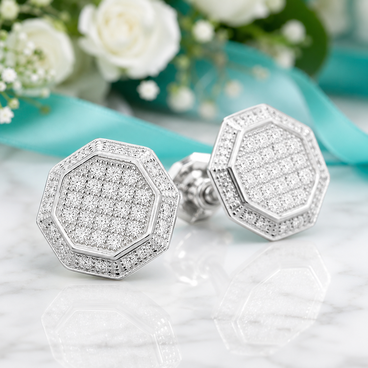 Round Diamond Option Octagon Shaped Stud Earrings