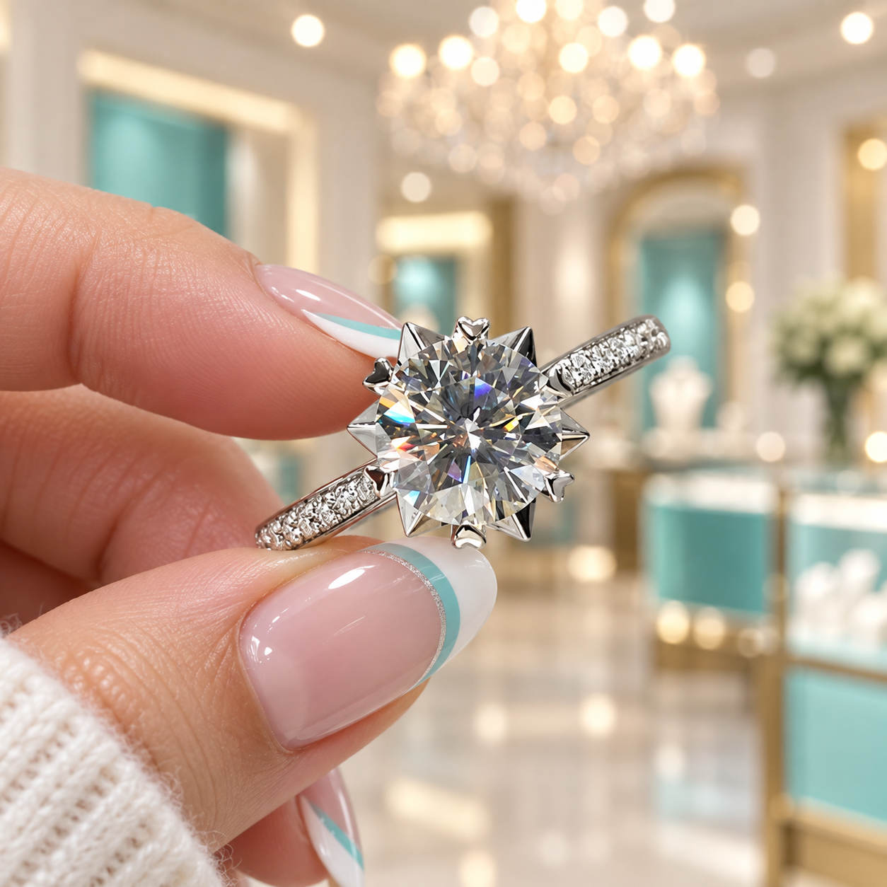 A close-up of a hand with French-tipped nails holding a silver-toned ring with a large round brilliant-cut clear gemstone and pavé-set side stones, with a blurred jewelry store interior in the background.