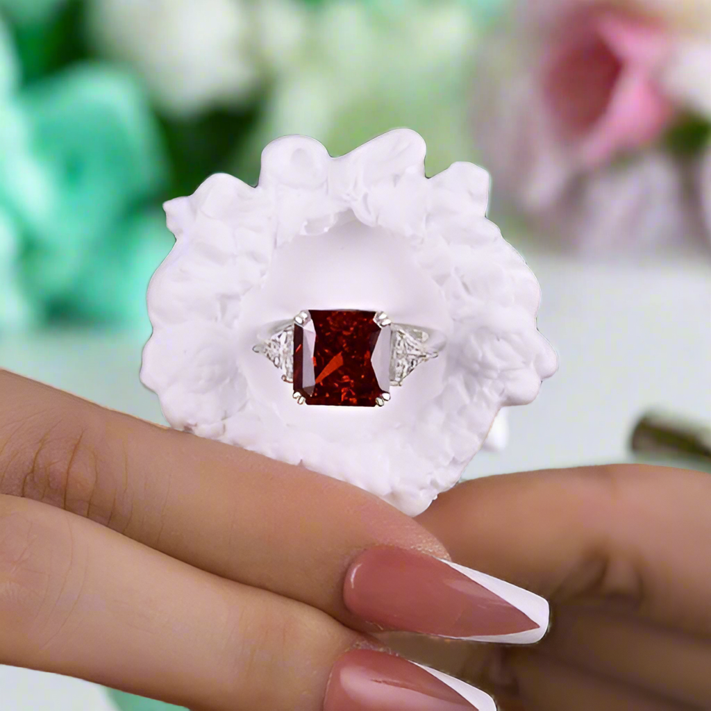Ruby Radiant & Triangle Cut Three Stone White Gold Engagement Ring-Evani Naomi Jewelry